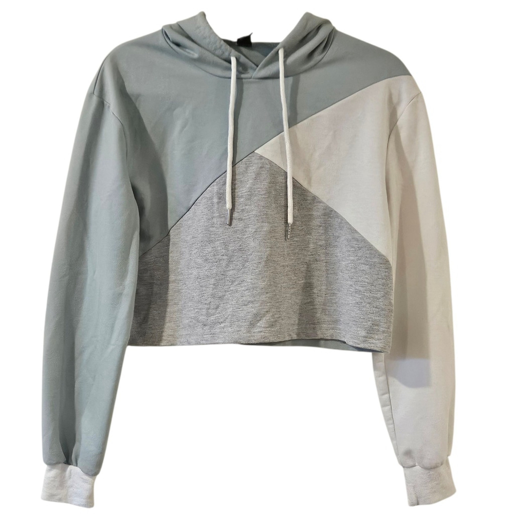 Cropped Hoodie Sweatshirt Size S Gray White Blue Long Sleeve